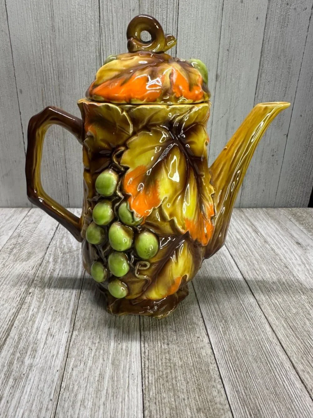 Vtg Nasco Swirling Leaves Grapes Tea Pot & Creamer Sugar Set MCM Japan 8